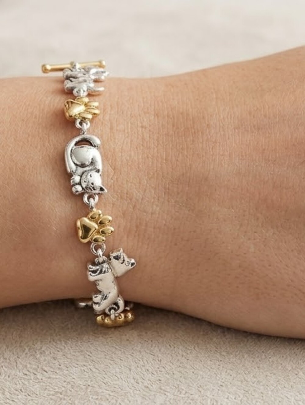 Cat   & Dog Paw & Kitty Charm Bracelet - Two-Tone Silver & Gold